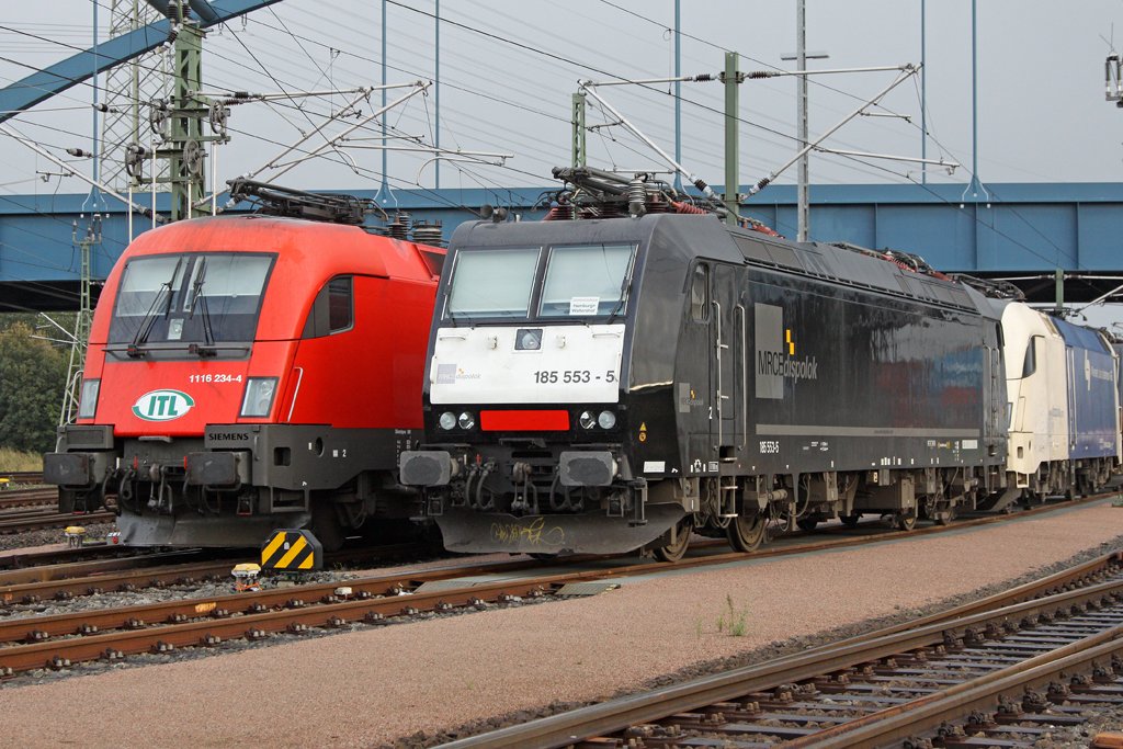 Die 185 553-5 neben 1116 134-4 in Hamburg Waltershof, am 05,09,09