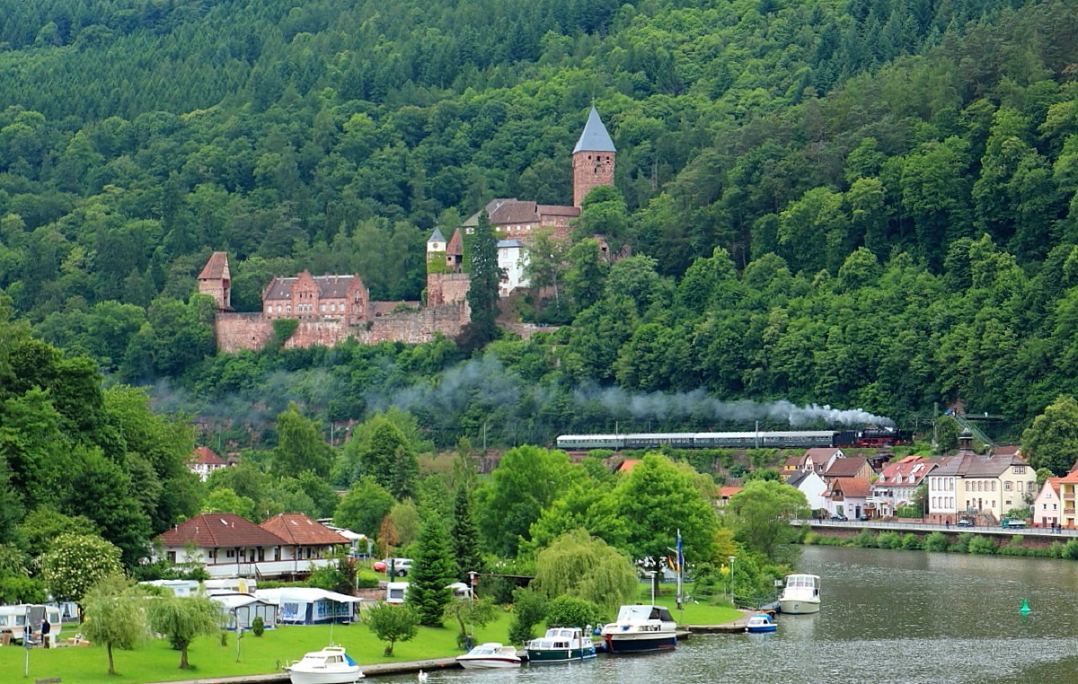 Die 01 202 des Vereins Pacific 01 202 ist ab und zu auch einmal in ihrer alten Heimat im Einsatz, so wie hier beim Dampfspektakel zum Jubil�um  20 Jahre Rheinland-Pfalz-Takt  und  25 Jahre Verkehrsverbund Rhein-Neckar . Hier ist sie am 30.05.2014 im Neckartal unterhalb der Burg Zwingenberg unterwegs.