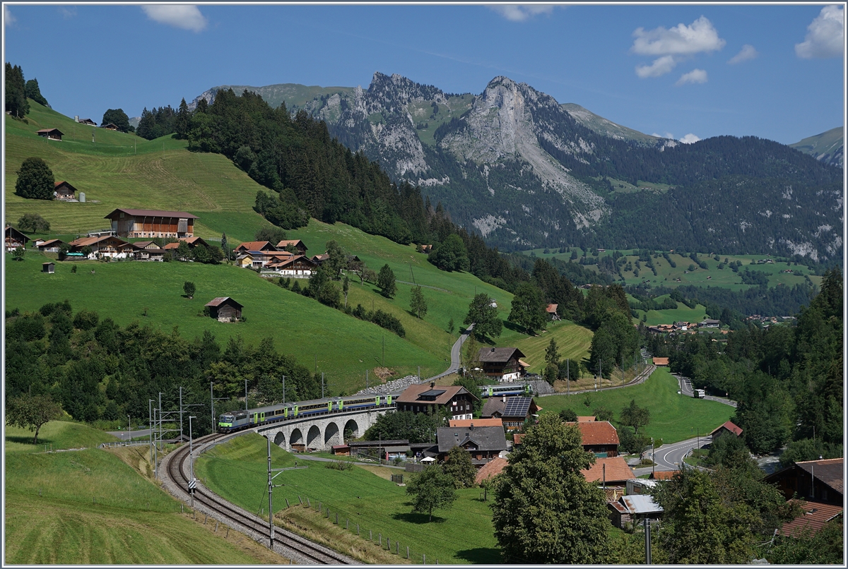 Die BLS Re 4/4 II 502 ist mit ihrem RE nach Interlaken Ost bei Garstatt unterwegs. 

11. August 2020