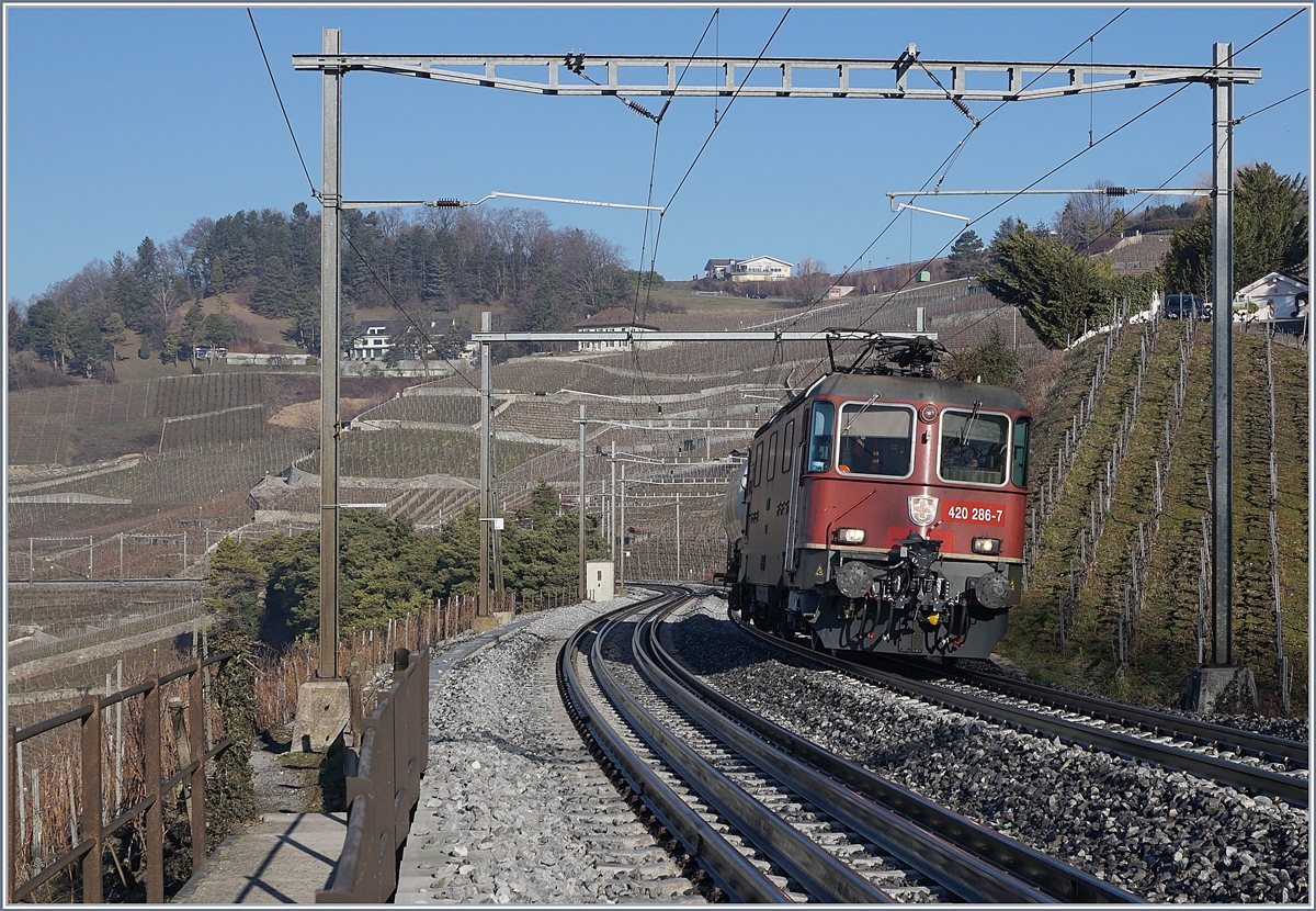 Die Nummer der SBB Re 4/4 II 11286 hat der neuartigen Rangier(?)-Kupplung weichen müssen und ist nun leicht erhöht unter ohne Schwierigkeiten unter dem linken Fenster zu finden. 

Mehr Schwierigkeiten bereitet mir die Tatsache, dass auf den Gleis neue Schienen liegen: Wurde doch letzten Sommer die Strecke Puidoux - Lausanne im Sommer Gesamterneuert.

Bei Grandvaux. den 15. Feb. 2019