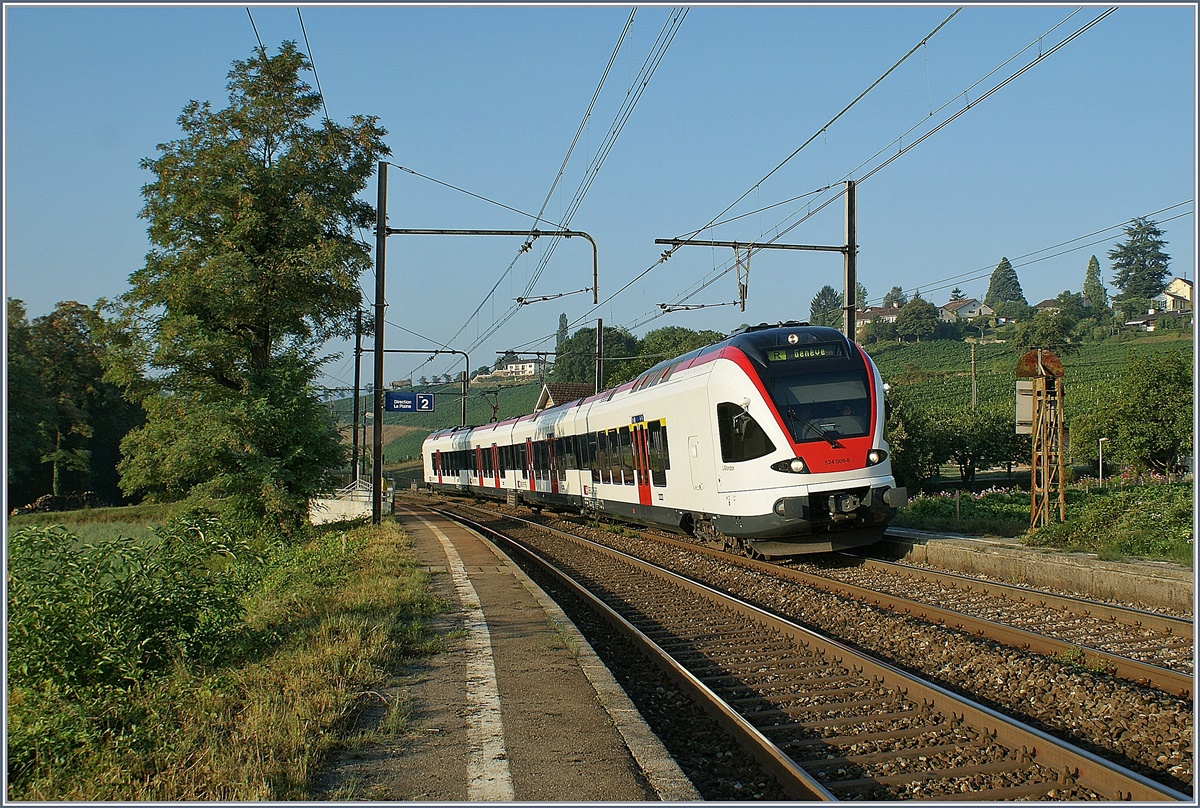 Die SBB Flirt RABe 524, welche im TILO Verkehr eingesetzt werden, haben zwar keine SNCF Zulassung, verkehrten aber zur Verst�rung der Gleichstromflotte zwischen Gen�ve und La Plaine, damit die dadurch frei werdenden Bem 550 die Regionaz�ge nach Bellegarde (Ain) �bernehmen konnten. 
RABe 524 009-8  L'Allondon  auf dem Weg nach Gen�ve beim Halt in Russin. 
27. Aug. 2009
