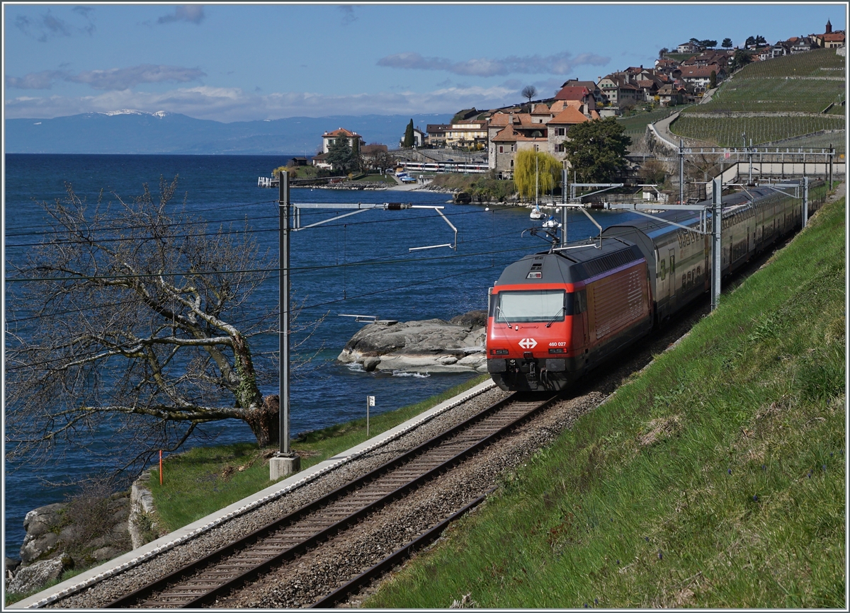 Die SBB RE 460 0274 in einer Gestaltungsvariante, die leider nicht in  Serie  ging: neben dem aufgemalten SBB Signet, ist die Loknummer an der Front angebracht. 

Die SBB Re 460 027 schiebt bei Saint Saphorin einen IR in Richtung Lausanne. 

27. März 2021
