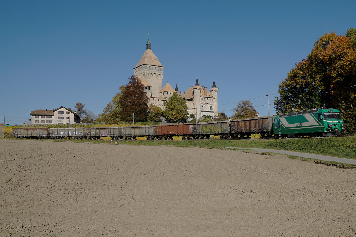Jahresrückblick 2017
von Walter Ruetsch, Riedholz
OKTOBER
MBC/BAM: Transports de la Région Morges Bière Cossonay.
Einer der letzten Zuckerrübenzüge mit der Ge 4/4 22 und 7 EAOS, verladen auf Rollböcken, bei Vufflens le Château am 17. Oktober 2017.
