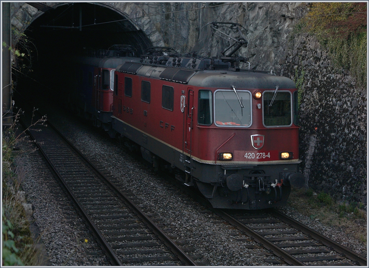 Obwohl das Licht der untergehenden Sonne kaum mehr den dunklen Einschnitt der östlichen Bahnhofsausfahrt von Lutry erreichte, wagte ich ein Bild; kam doch die neben der Re 4/4  Porrentury  einzig bewappnete Re 420 274-4 mit dem Wappen vom Cham angefahren. 
3. Nov. 2017