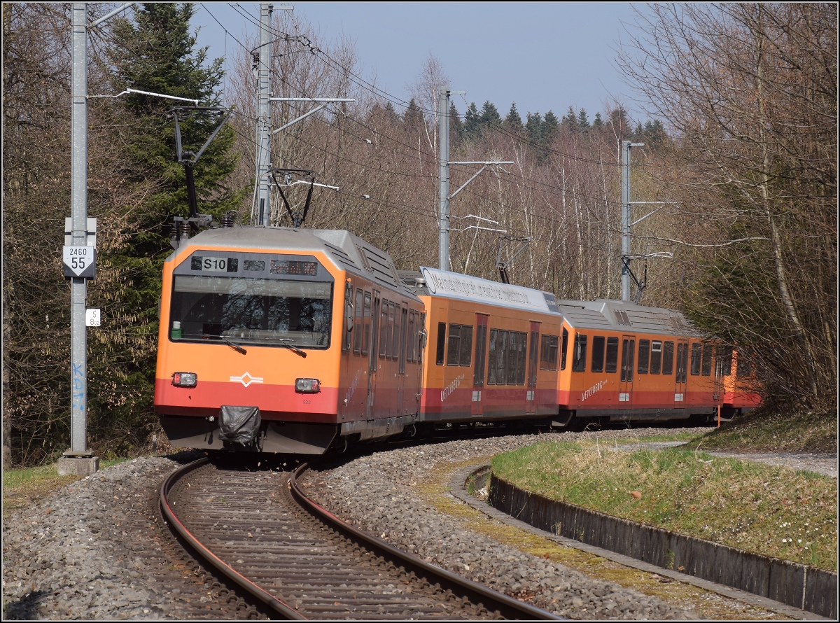 Triebwagen Be 556 522 hinten, ein Tiefeinstiegswagen und ein nicht bekannter Be 556 und vorne Be 556 527 verlassen Uitikon-Waldegg. M�rz 2022.