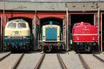 Ein dieselhydraulisches Trio mit 218 128-7 (Krupp) / 212 372-7 (KHD) / 280 007-6 (MaK) beim Lokschuppenfest in Siegen am 17.08.2013
