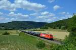 185 604-6 mit einem Güterzug am 16.07.2015 an der Staustufe Harrbach.