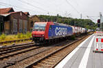 Die an die SBB Cargo International AG vermietete SBB Cargo Re 482 008-0 „Ökotrans“ (91 85 4482 008-0 CH-SBBC) der SBB Cargo fährt am 19 Juli 2025 mit einem KLV-Zug durch